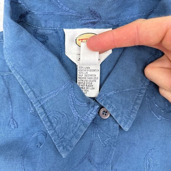 Talbots Linen Top Size Medium‎ Blue Chambray Floral Embroidered Irish Linen Boho - Picture 6 of 10